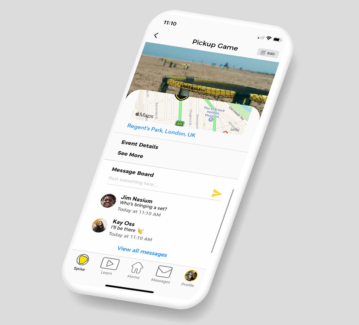Spikeball app viewed from a mobile