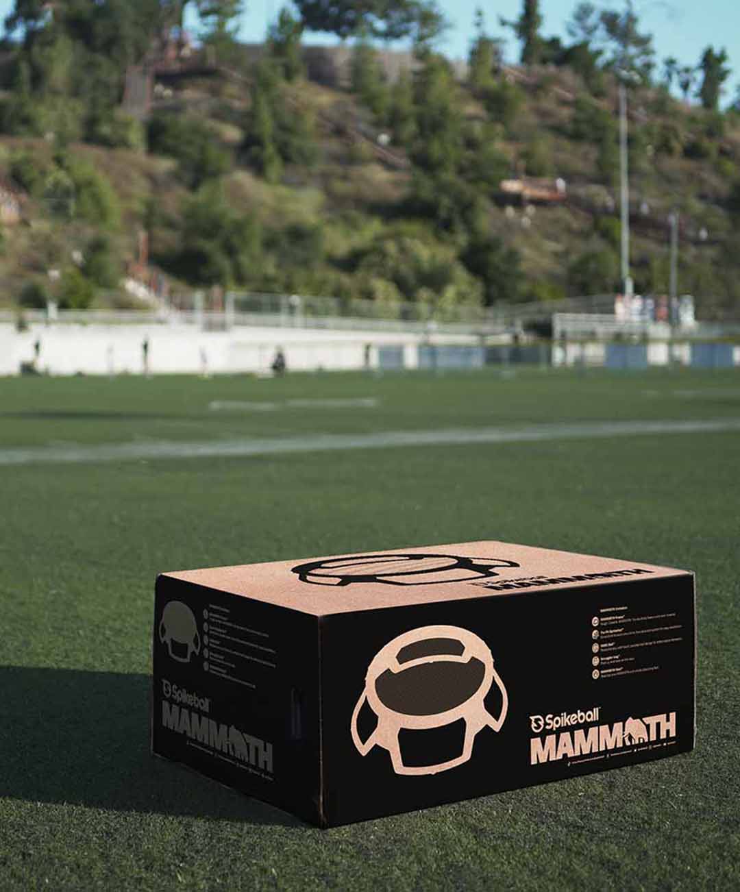 A Spikeball Mammoth box placed on a grassy field. The box features the Spikeball Mammoth logo and illustrations of the product. Trees and a sports field are visible in the background.